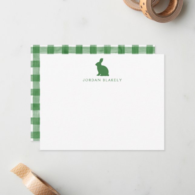Correspondance Carte de note bébé, gingham lapin vert plat (Devant/Arrière en situation)