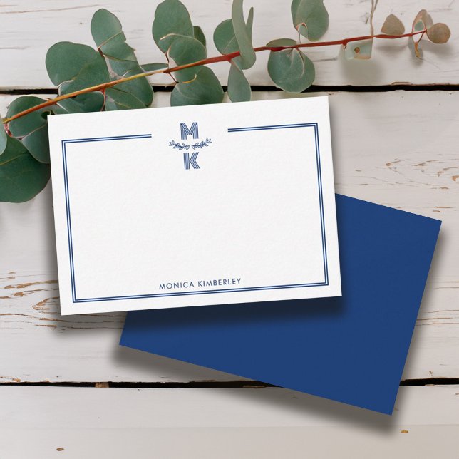 Correspondance Carte de note Monogramme à deux bordures bleu mari (Minimalist Navy Blue Two Border Monogram Note Card)