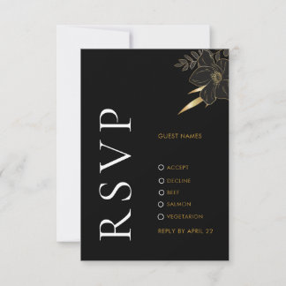 Correspondance Carte RSVP de mariage moderne Black Gold Floral él