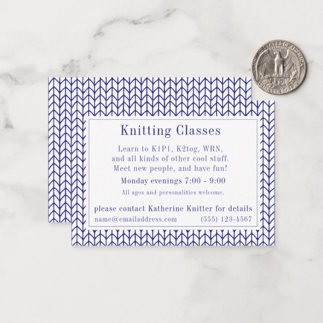 Correspondance KNIT DE LIGNE BLEUE "Classes Tricots" Carte de vis (Devant/Arrière en situation)