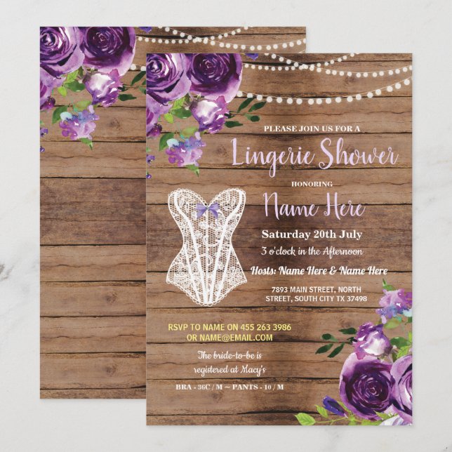 Corset Lingerie Dusche Holz Blume Einladen Lila Einladung (Vorne/Hinten)