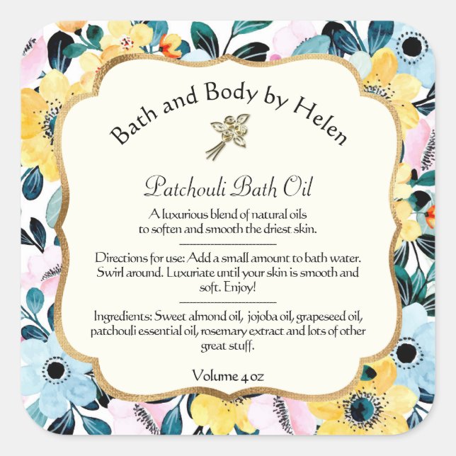 Cosmétiques Florales Jaunes et Bleues Étiquette w  (Devant)