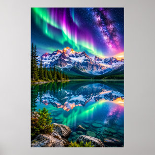 Cosmic Aurora Mountain Lake - Galaxie-Reflexion Poster