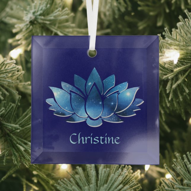 Cosmic Blue Galaxy Lotus Blume mit Name Ornament Aus Glas (Insitu)