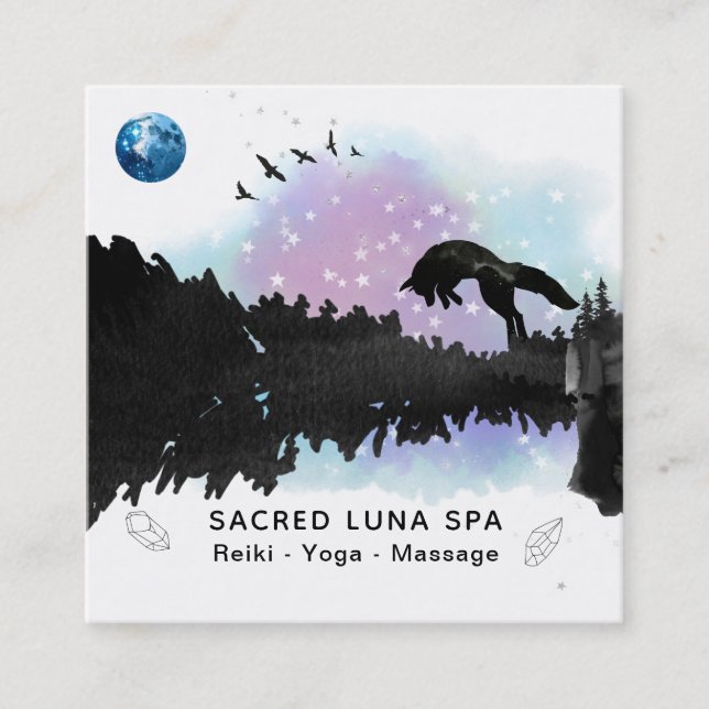 *~* Cosmic Blue Moon Fox Leaping Pine Tree Regenbo Quadratische Visitenkarte (Vorderseite)
