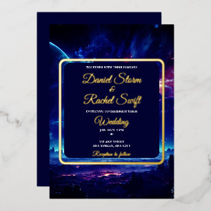 Cosmic Blue Nebel Celestial Gewerkschaft Hochzeit Folieneinladung