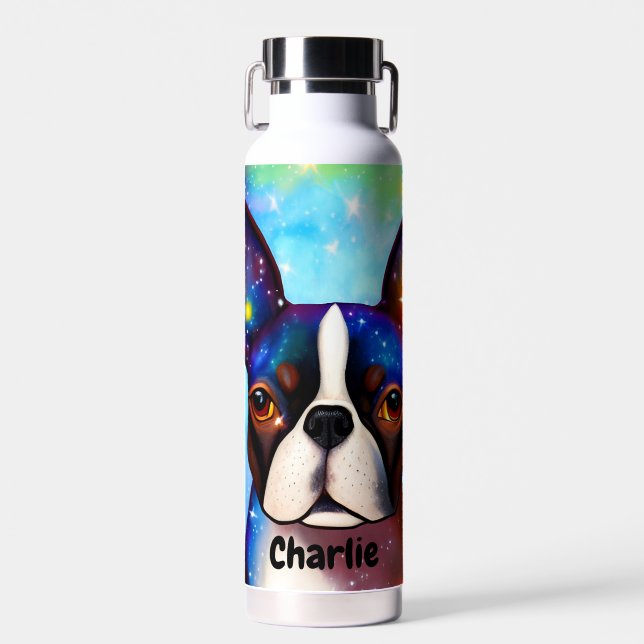 Cosmic Boston Terrier Monogram Trinkflasche (Vorne)