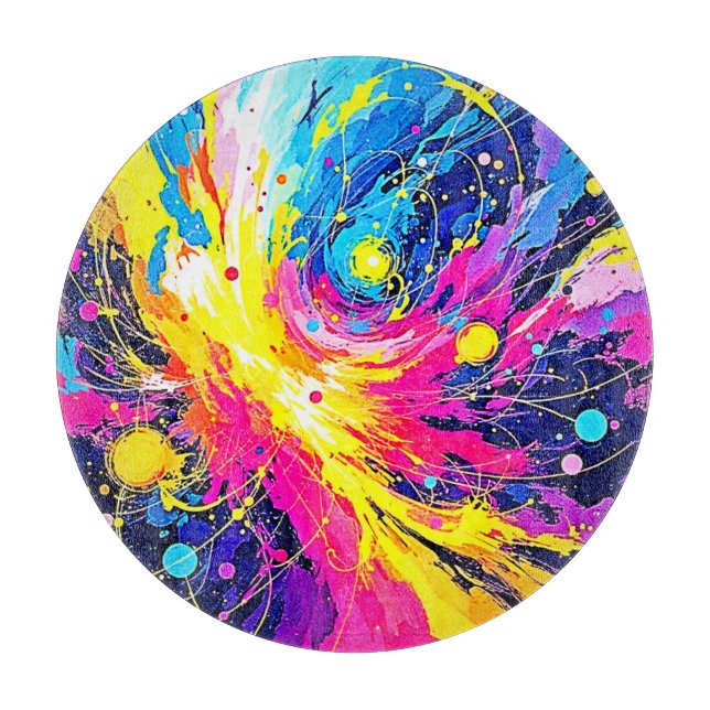 Cosmic Burst: Vibrant Splatter Art Schneidebrett (Vorderseite)