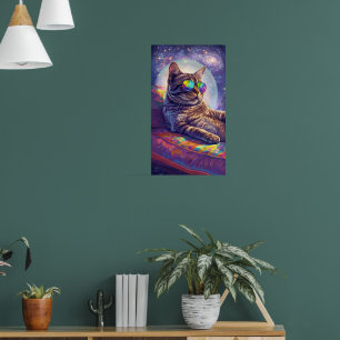 Cosmic Cat Chillin' in Rainbow Shades Art Poster