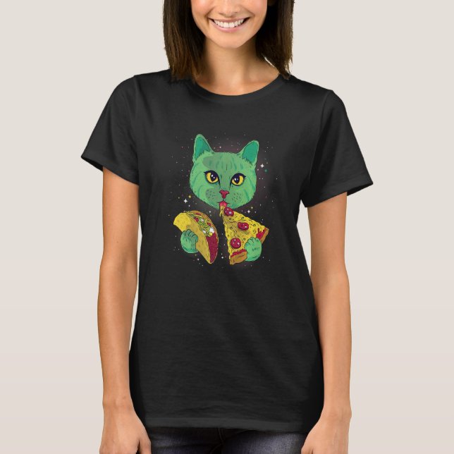 Cosmic Cat Eating Pizza and Taco  Space Graphic T-Shirt (Vorderseite)