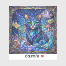Cosmic Cat Stained Glass Surreal Blue Green Eyes