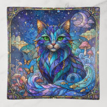 Cosmic Cat Stained Glass Surreal Blue Green Eyes