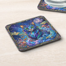 Cosmic Cat Stained Glass Surreal Blue Green Eyes