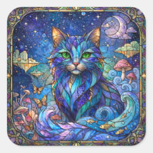 Cosmic Cat Stained Glass Surreal Blue Green Eyes