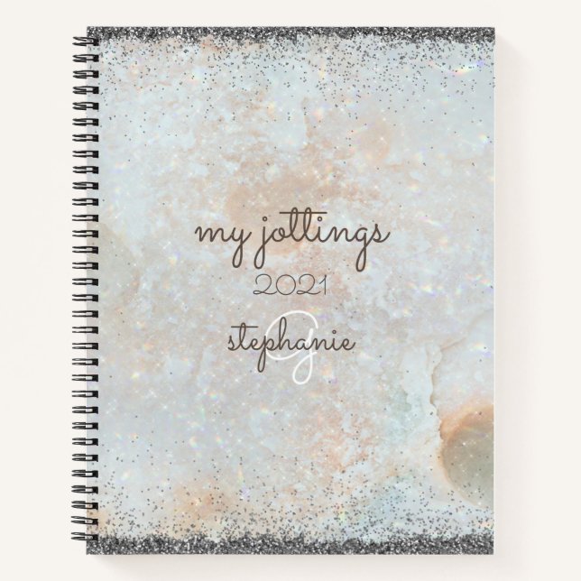 Cosmic Celestial Silver Glitzer Girly Monogram Notizbuch (Vorderseite)