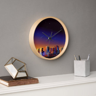 "Cosmic Cityscape Wall Clock - Lebhafter Nachtschw Uhr