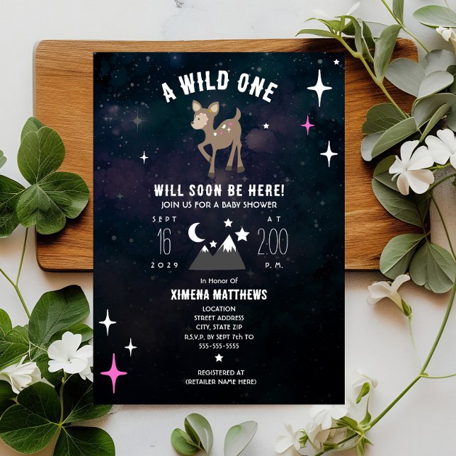 Cosmic Deer Wild One Pink Girl Baby Dusche Einladung (Von Creator hochgeladen)