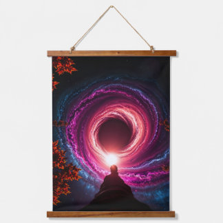 "Cosmic Descent — Man Staring Into a Neon Galactic Wandteppich Mit Holzrahmen