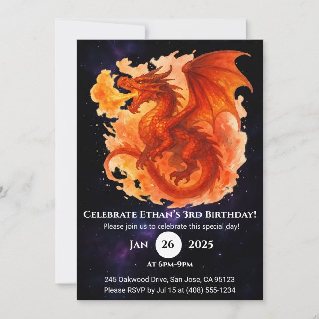 Cosmic Flame Dragon Birthday Invitation Einladung (Vorderseite)