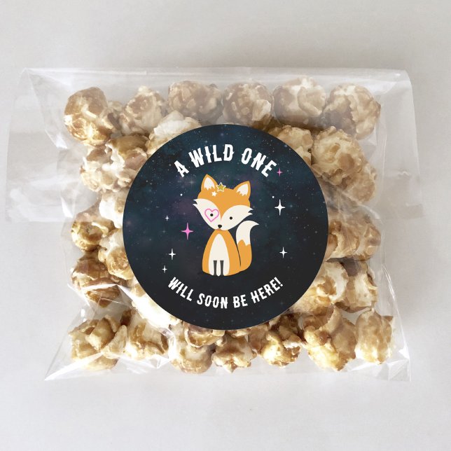 Cosmic Fox Wild One Pink Girl Baby Dusche Runder Aufkleber (Von Creator hochgeladen)