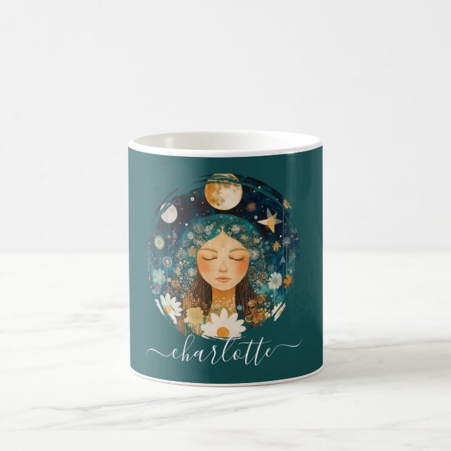 Cosmic Girl Boho Moon & Daisy Illustration Custom Kaffeetasse (Mittel)