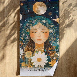 Cosmic Girl Boho Moon & Daisy Illustration Custom Strandtuch