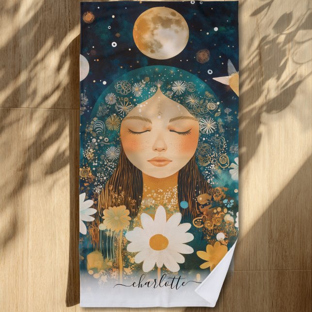 Cosmic Girl Boho Moon & Daisy Illustration Custom Strandtuch (Cosmic Girl Boho Moon & Daisy Illustration Custom Beach Towel)