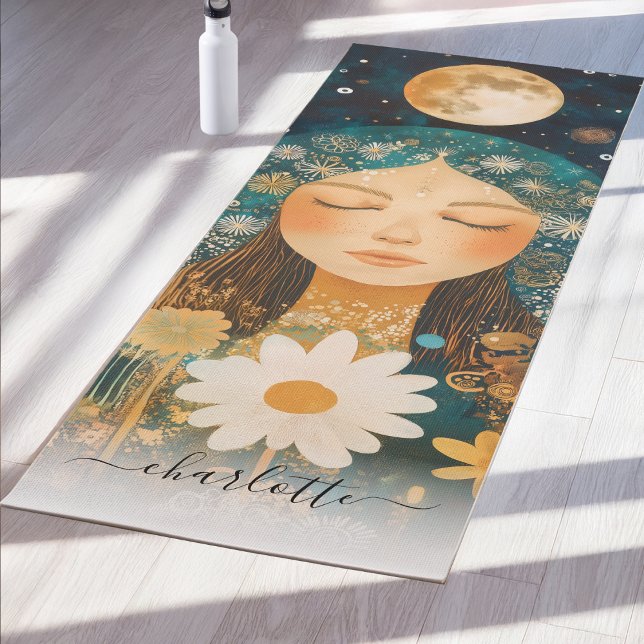 Cosmic Girl Boho Moon & Daisy Illustration Custom Yogamatte (Cosmic Girl Boho Moon & Daisy Illustration Custom Yoga Mat)