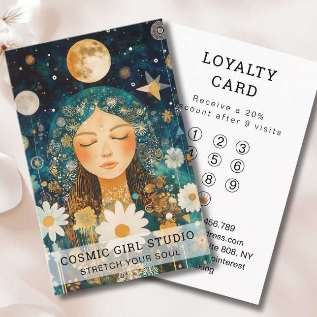 Cosmic Girl Boho Moon Salon Loyalty Visitenkarte (Cosmic Girl Boho Moon Salon Loyalty Business Card)