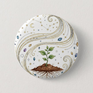 Cosmic Growth Nature Plant with Roots and Stars  Button