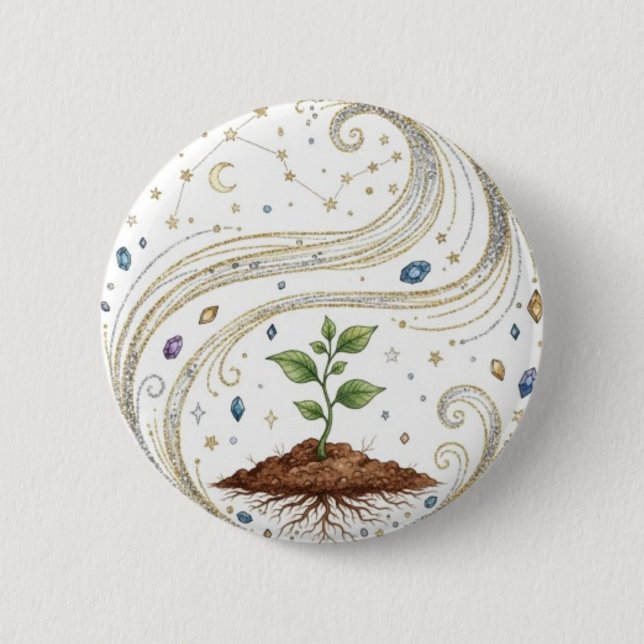 Cosmic Growth Nature Plant with Roots and Stars  Button (Vorderseite)