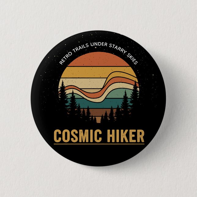 Cosmic Hiker Retro 70s Sunset Space Forest Stars Button (Vorderseite)