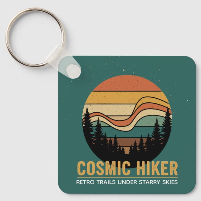 Cosmic Hiker Retro 70s Sunset Space Forest Stars Schlüsselanhänger (Vorderseite)