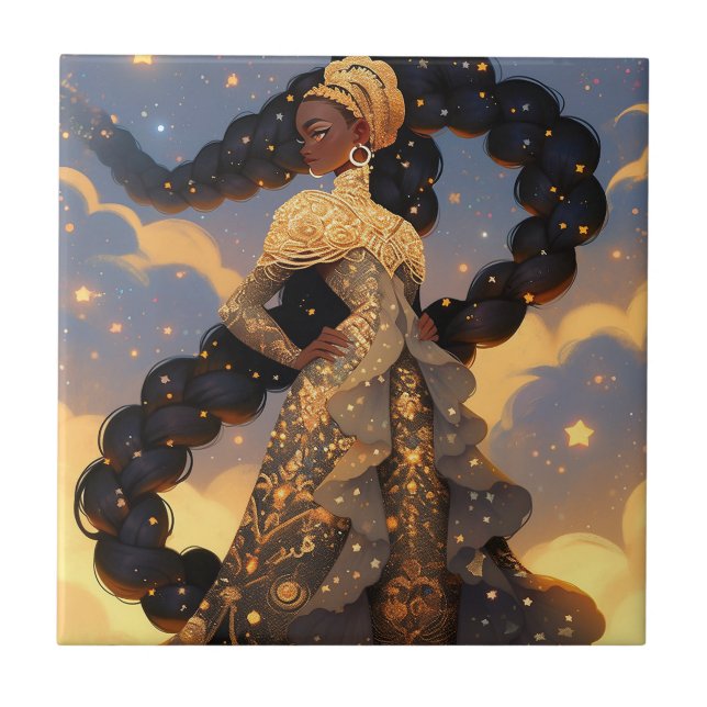 Cosmic Lady African American Fantasy Art Fliese (Vorderseite)