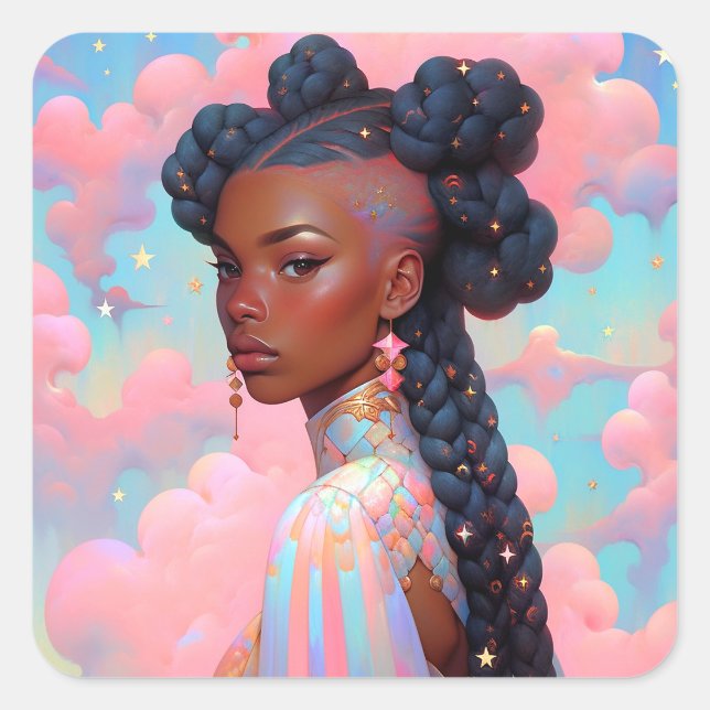 Cosmic Lady African American Fantasy Art Quadratischer Aufkleber (Vorderseite)