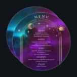Cosmic Lila Aquamarin Gold Sun Moon Stars Hochzeit Menükarte<br><div class="desc">Cosmic Lila Aquamarine Gold Sun Moon Stars Space Wedding Menu Cards zeichnen sich durch eine goldene Sonne, Mond und Sternen-Rahmen auf einem farbenprächtigen mystischen lila, aquamarinen und blauen kosmischen Hintergrund aus. In der Mitte finden Sie Menüdetails in der modernen Goldkalligraphie. Personalisieren Sie den Text durch Bearbeiten in den bereitgestellten Textfeldern....</div>