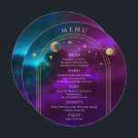 Cosmic Lila Aquamarin Gold Sun Moon Stars Hochzeit Menükarte<br><div class="desc">Cosmic Lila Aquamarine Gold Sun Moon Stars Space Wedding Menu Cards zeichnen sich durch eine goldene Sonne, Mond und Sternen-Rahmen auf einem farbenprächtigen mystischen lila, aquamarinen und blauen kosmischen Hintergrund aus. In der Mitte finden Sie Menüdetails in der modernen Goldkalligraphie. Personalisieren Sie den Text durch Bearbeiten in den bereitgestellten Textfeldern....</div>