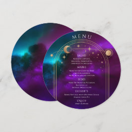 Cosmic Lila Aquamarin Gold Sun Moon Stars Hochzeit Menükarte