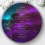 Cosmic Lila Aquamarin Gold Sun Moon Stars Hochzeit Menükarte<br><div class="desc">Cosmic Lila Aquamarine Gold Space Wedding Menu Cards verfügen über einfache Goldsterne auf einem farbenprächtigen mystischen lila,  aquamarinen und blauen kosmischen Hintergrund mit Menüdetails in der Mitte der modernen weißen Kalligraphie-Skript. Personalisieren Sie den Text durch Bearbeiten in den bereitgestellten Textfeldern. Entworfen für Sie von Evco Studio © unter www.zazzle.com/store/evcostudio</div>