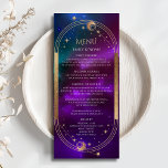 Cosmic Lila Aquamarine Sun Moon Wedding Menu Cards Menükarte<br><div class="desc">Cosmic Lila Aquamarine Gold Sun Moon Stars Wedding Menu Karten bietet eine goldene Sonne,  Mond und Sterne auf einem himmlischen Hintergrund mit Ihren Menüdetails in der Mitte der modernen Goldkalligraphie Skript. Personalisieren Sie den Text durch Bearbeiten in den bereitgestellten Textfeldern. Entwickelt für Sie durch © Evco Studio www.zazzle.com/store/evcostudio</div>
