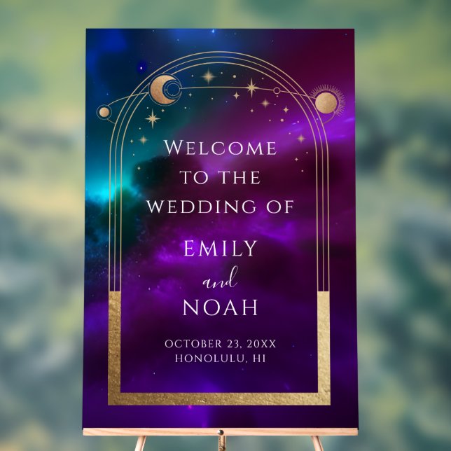 Cosmic Lila Gold Sun Moon Stars Begrüßungszeichen Acrylschild (Neutral)