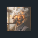 Cosmic Mind Dissolving Head Portrait Leinwanddruck<br><div class="desc">A thoughtful man in round glasses and tweed stands at an open window as his head transforms into a radiant cosmic nebula. Swirling clouds of fiery orange, molten gold, electric turquoise, lavender, and deep indigo spiral upward with glowing spirals and starry flecks, while soft afternoon light illuminates his face and...</div>
