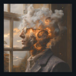 Cosmic Mind Dissolving Head Portrait Poster<br><div class="desc">A thoughtful man in round glasses and tweed stands at an open window as his head transforms into a radiant cosmic nebula. Swirling clouds of fiery orange, molten gold, electric turquoise, lavender, and deep indigo spiral upward with glowing spirals and starry flecks, while soft afternoon light illuminates his face and...</div>