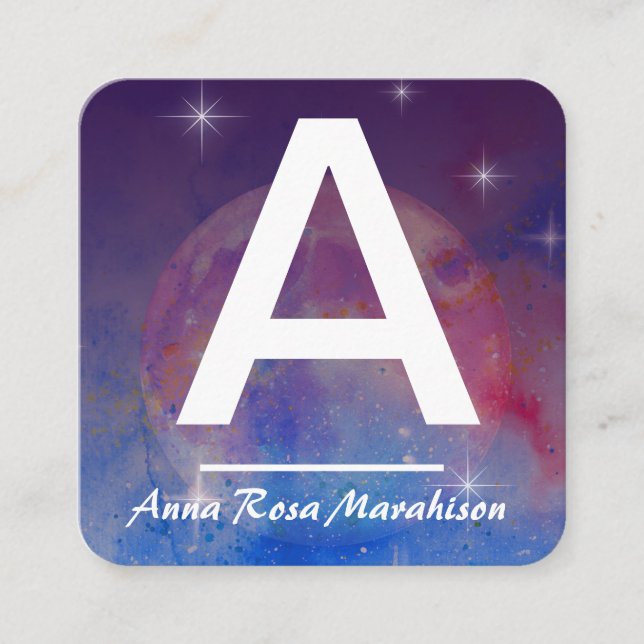 *~* Cosmic Moon Trendy INITIAL QR LOGO FOTO Quadratische Visitenkarte (Vorderseite)