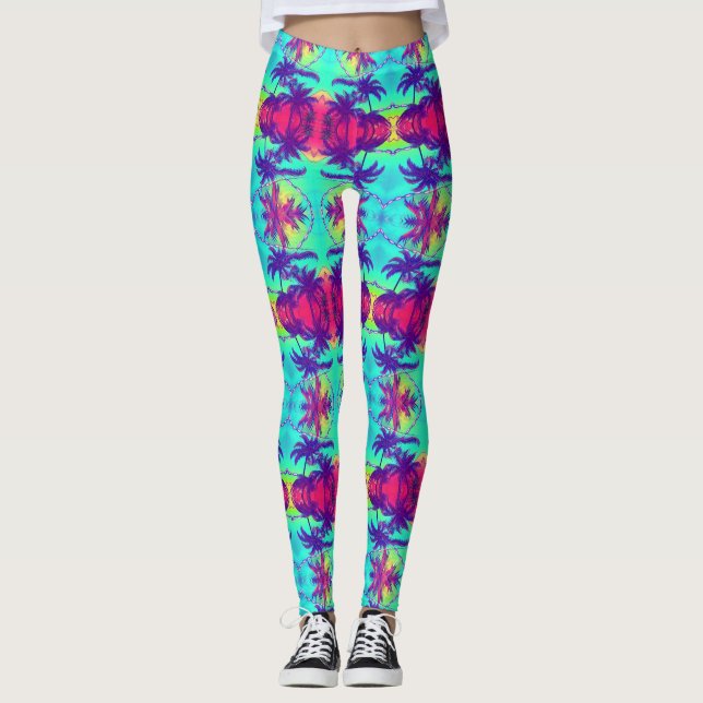 Cosmic Neon Palm Trees Pattern Leggings (Vorderseite)