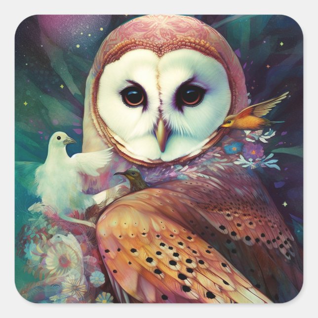 Cosmic Owl Fantasy Art Quadratischer Aufkleber (Vorderseite)