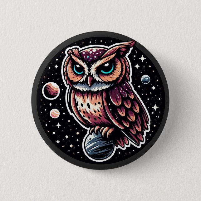 Cosmic Owl Illustration - Eule, Raum, Kunstwerk Button (Vorderseite)