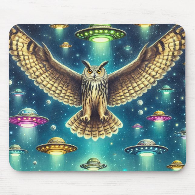 Cosmic Owl Nightscape - Ufos im Himmel Mousepad (Vorne)