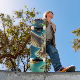 Cosmic Owl Nightscape - Ufos im Himmel Skateboard