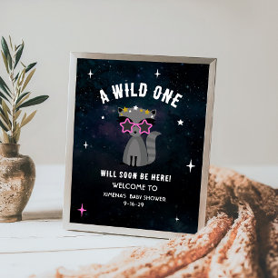 Cosmic Raccoon Wild One Pink Girl Baby Dusche Poster